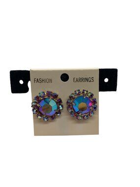 Clip-On Round Crystal Multicolored Rhinestone Earrings Fashion Jewelry Retro Loo